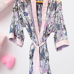 Luxury 100% Silk Kimono Robe Floral Dressing Gown Bridal Honey Moon Chiffon