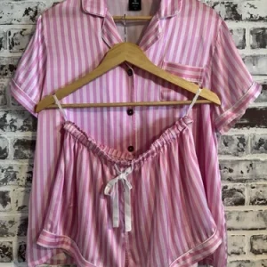 NWOT SilkSilky XL 100% Pure Mulberry Silk Luxury Pajama Set Pink Stripe Sleep