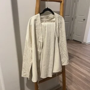 Beige Linen 2-Piece Outfit Set Women's Size S V-Neck Tie-Front Top & Pants