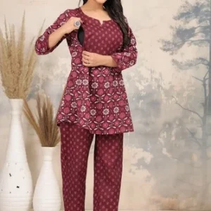 Maternity Nursing Feeding Cotton Kurta Pant Coord Set | Maroon Postpartum Wear
