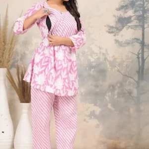 Maternity Nursing Feeding Cotton Kurta Pant Coord Set | Pink Postpartum Wear