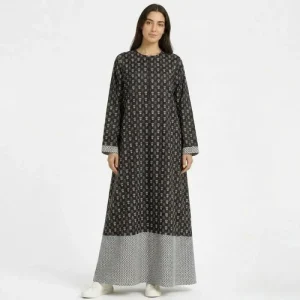 Women's Pure Cotton Block Print Abaya Dress Pockets Nursing Maternity Maxi