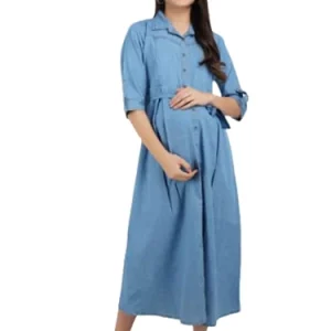 Full Denim Maternity Gown with Feeding Pocket for Pregnant /Breastfeeding Women