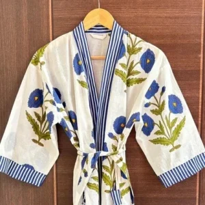 Indian Blue Floral Cotton Robes Long Kimono Sleepwear Night Suit Kimono Robes US